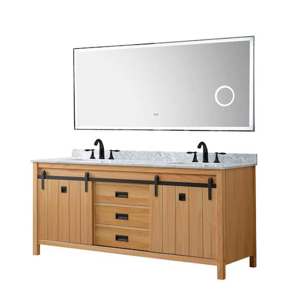 Direct vanity sink Da Vinci 71 in. W x 25 in. Dx 32 in. H Double Bath Vanity in Oak with White Carrara Marble Top and LED Mirror