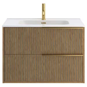 Demeter Art Gold 32 in. W x 18.1 in. D x 22.8 in. H Deco Wall Mounted Vanity with Single Sink White Ceramic Top