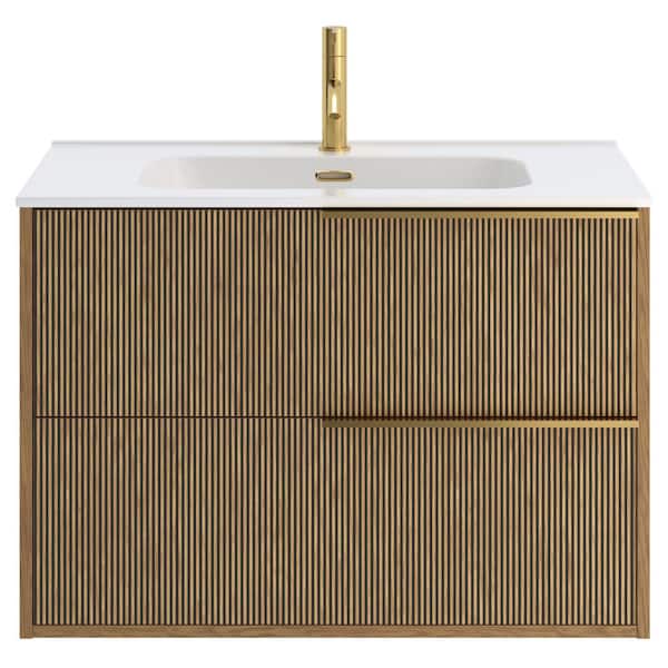 CHAMELEON CONCEPTS Demeter Art Gold 32 in. W x 18.1 in. D x 22.8 in. H Deco Wall Mounted Vanity with Single Sink White Ceramic Top