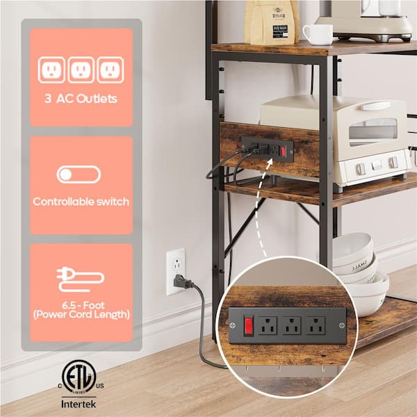 Rustic Brown 4-Shelf Wood 23.6 in. Kitchen Baker's Rack with Power Outlet, Microwave Oven Stand, Wheels and Hooks