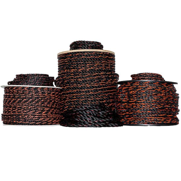 3/4 in. x 600 ft. 3 Strand Twisted Polypropylene General Use Truck Rope - Black With Orange Tracer