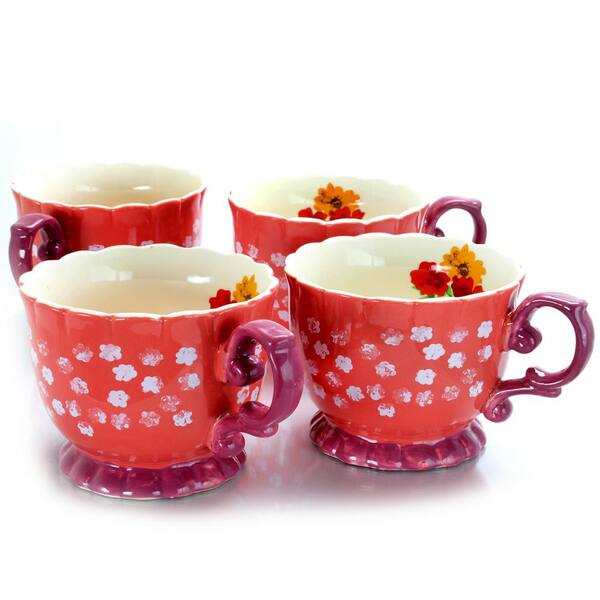 Urban Market Life On The Farm 20 oz Coral Ditzy Floral Design Footed Tea Cup (Set of 4)