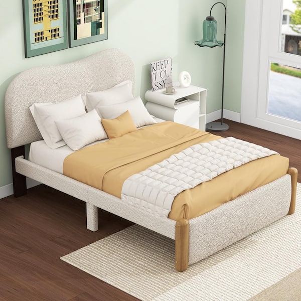 Harper & Bright Designs Beige Wood Frame Twin Size Berber Fleece Upholstered Platform Bed with Support Legs, Arc-Shaped Headboard