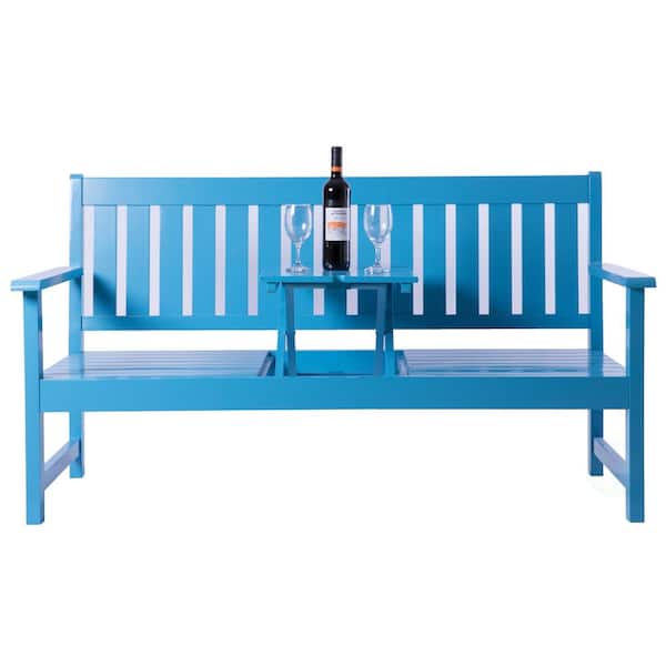Gardenised Wooden Patio Garden Park Outdoor Yard Bench With Middle Pop-Up Foldable Table, Blue