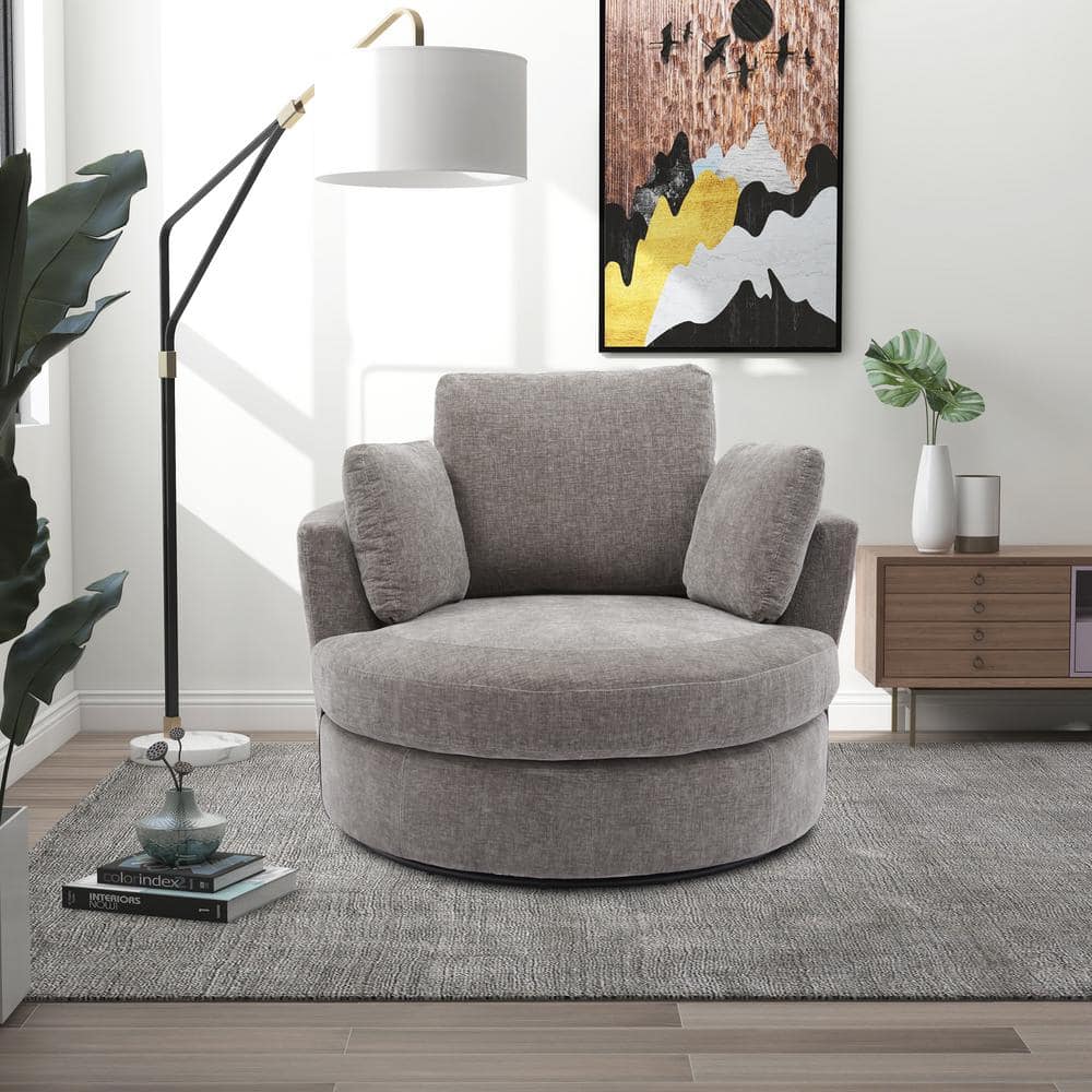 42.2 in. W Gray Chenille Swivel Accent Barrel Chair Oversized Arm Chair ...