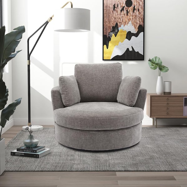 Unbranded 42 in. Gray Chenille Swivel Barrel Arm Chair 3 Pillows