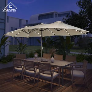 15 ft. Steel Patio Double-Side Market Umbrella with Base and Solar Light with Base in Beige