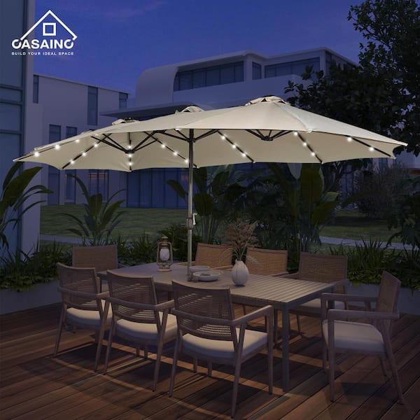 CASAINC 15 ft. Steel Patio Double-Side Market Umbrella with Base and Solar Light with Base in Beige