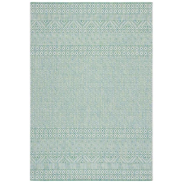 Courtyard Ivory/Green 9 ft. x 12 ft. Modern Geometric Diamond Indoor/Outdoor Patio Area Rug