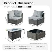 Messi Gray 8-Piece Wicker Outdoor Patio Conversation Sectional Sofa Set with a Metal Fire Pit and Dark Gray Cushions