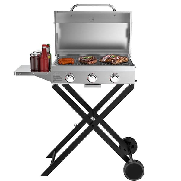 Hitechluxe 3-Burner Portable Propane Gas Grill with Folding Cart for Outdoor Patio Backyard Camping, Tailgating, RV Trip