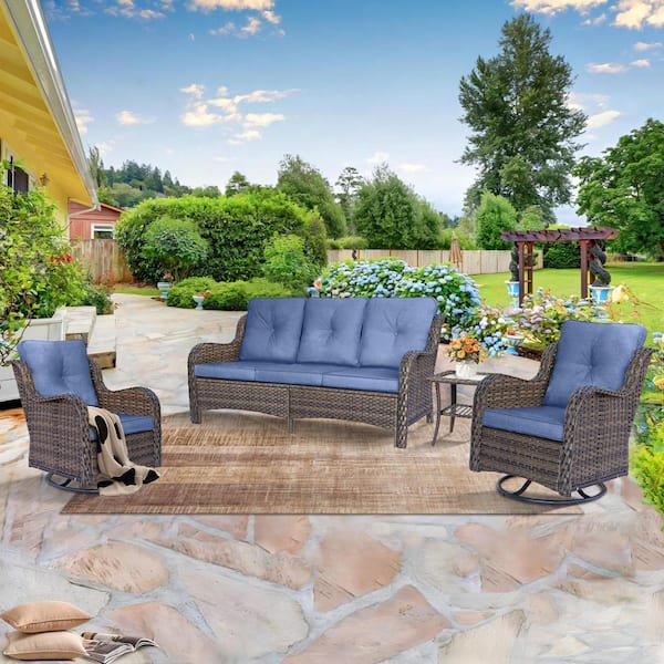 kuurfuurdo Brown 4 Piece Wicker Patio Conversation Set Outdoor Sofa Swivel Rocking Chairs with Side Table and Denim Blue Cushions