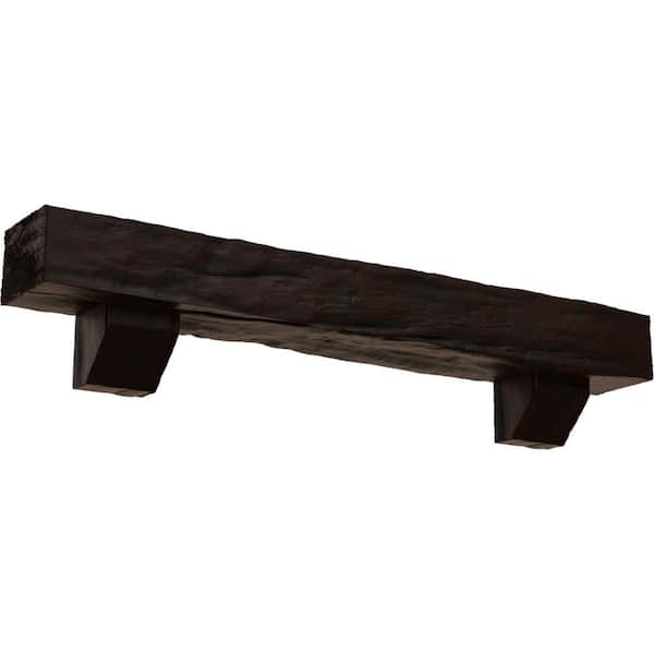 Ekena Millwork 6 in. x 10 in. x 7 ft. Riverwood Faux Wood Beam Fireplace Mantel Kit, Ashford Corbels in Premium Hickory