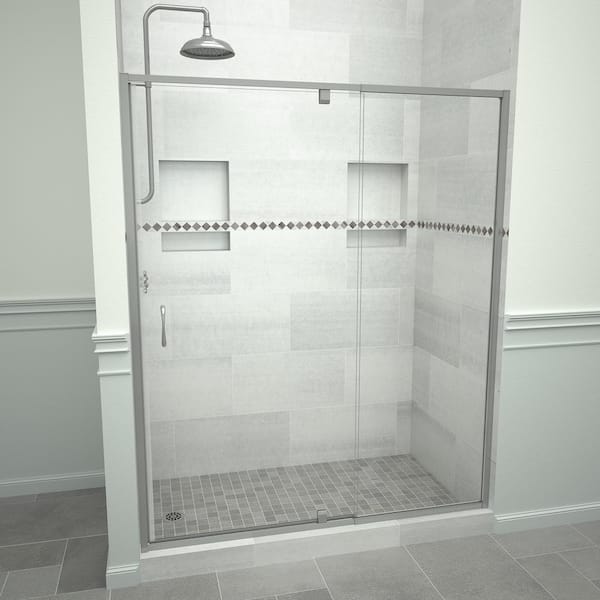 Tile Redi Redi Swing 5100 48 in. W x 72 in. H Framed Pivot Shower Door in Brushed Nickel with Handle and Clear Glass