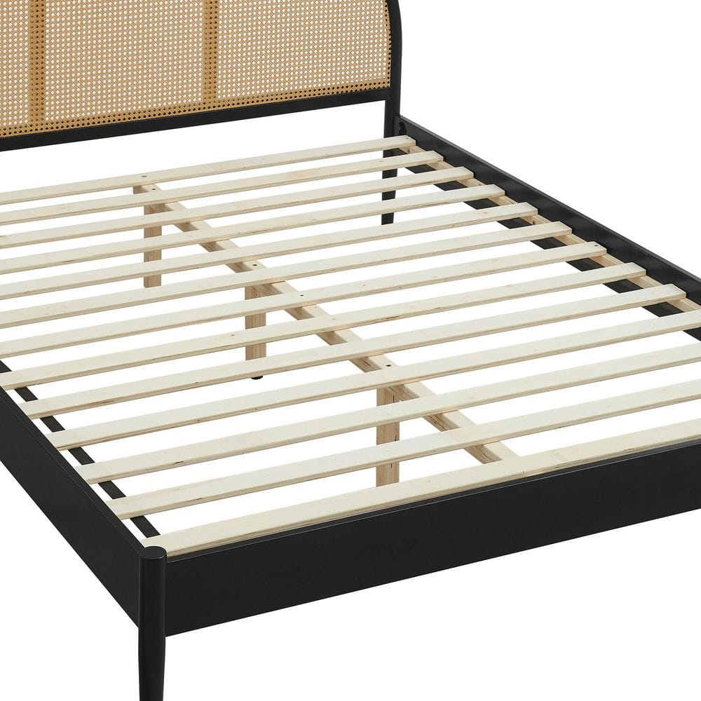 Black Queen Wood Frame Platform Bed with Arched Rattan Cane Headboard