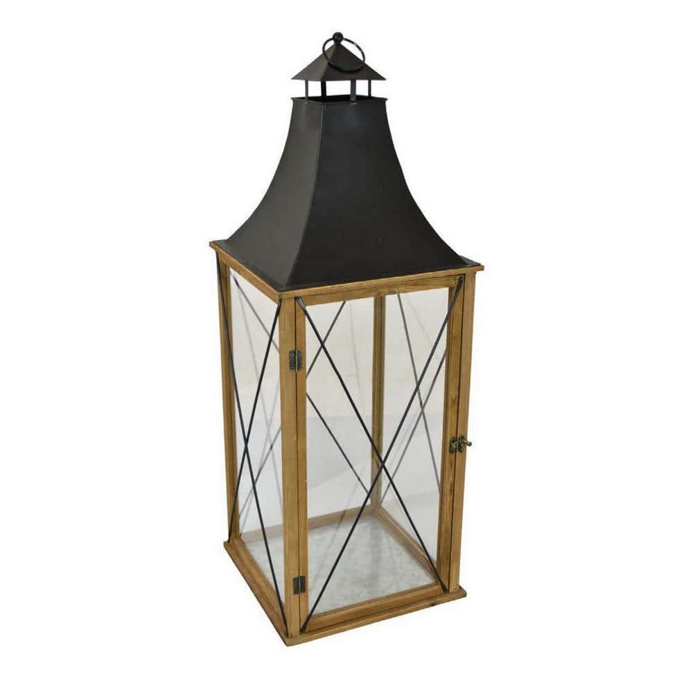 33.5'' Brown and Black Wood and Glass Hanging Lantern
