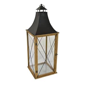 Brown and Black Tabletop Decorative Lantern with Wooden Frame and Glass Doors