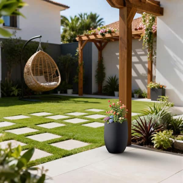 9in. W x 12in. H Matte Black Handcrafted Concrete Tall Round Planter Medium Flower Plant Pot with Drainage Hole