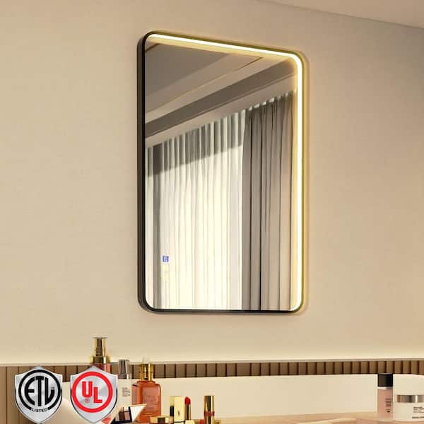 ORGANNICE 36 in. W x 24 in. H Rectangular LED Front Framed Light Black Aluminum Rounded Wall Makeup Mirror