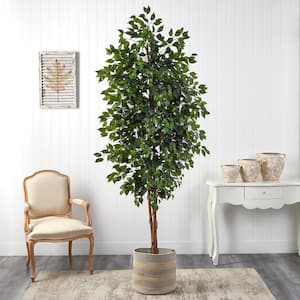 8 ft. Green Ficus Artificial Tree with Handmade Natural Cotton Multicolored Woven Planter