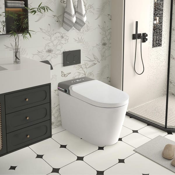 Elongated White Smart Bidet Toilet, 1.27 GPF. Remote - Controlled, LED Display, Auto Open/Heat, Aroma, Sensor Flush