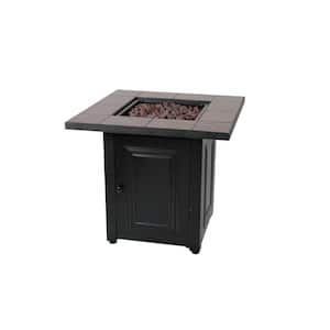 28 in. W x 25 in. H Outdoor Square Steel Frame and Base LP Gas Black Fire Pit with Electronic Ignition and Lava Rocks