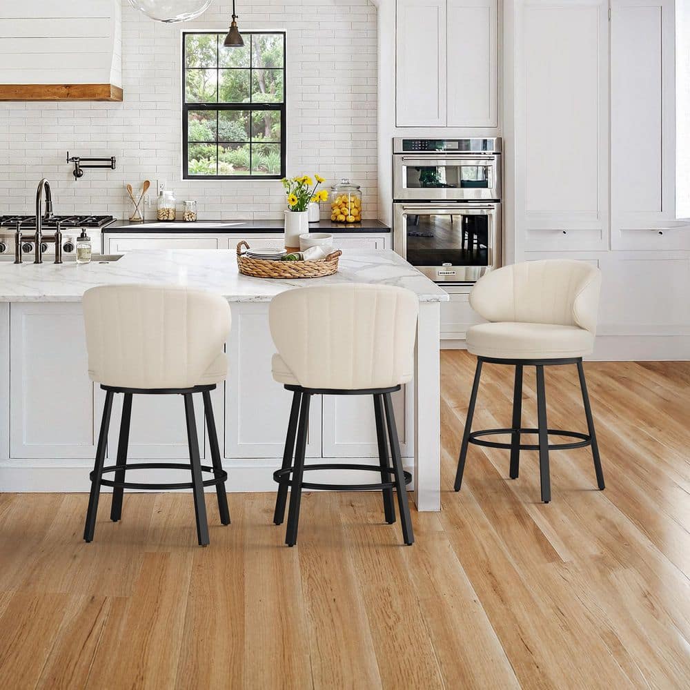 Mattis 26 in. Beige Linen Fabric Metal Frame Upholstered Counter Height Swivel Bar Stools w/ Curved Low Back (Set of 3) price history on PriceWatchPro
