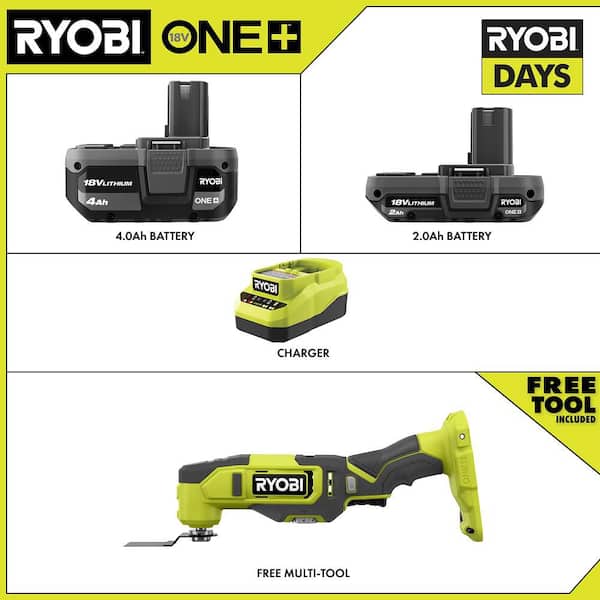 ONE+ 18V Lithium-Ion Kit with 2.0 Ah and 4.0 Ah Batteries, Charger with FREE ONE+ 18V Cordless Multi-Tool