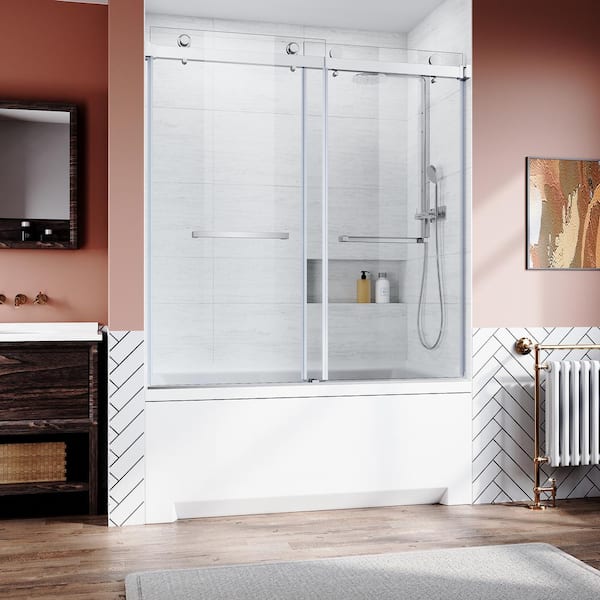 grossag 60 in. W x 62 in. H Frameless Sliding Tub Door in Brushed Nickel with 2pcs Rectangle Handles and Clear Tempered Glass