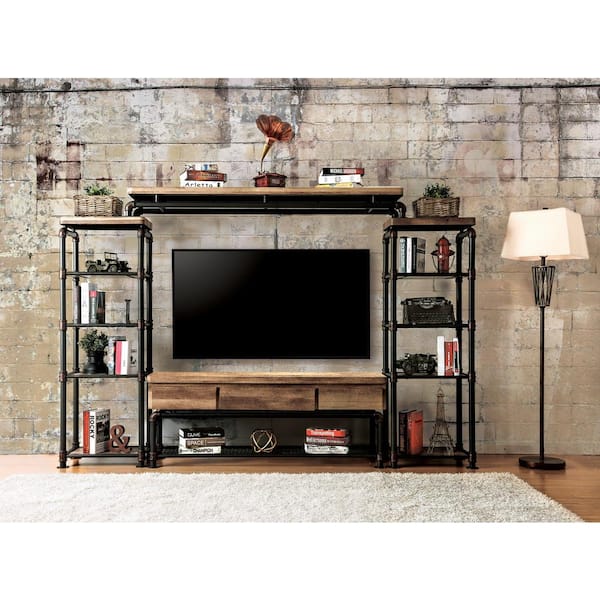 Furniture of America Rein 4-Piece 60 in. Antique Black and Natural Tone Entertainment Center Fits TV's up to 69 in. with 9-Shelf
