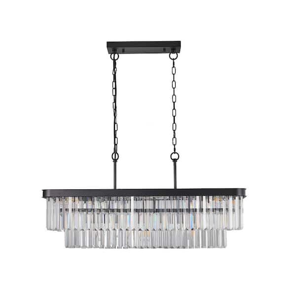 Sunpez 33.5 in. W 11 Lights Rectangular Crystal Chandelier, Luxurious Pendant, E12, No Bulbs Included, Black