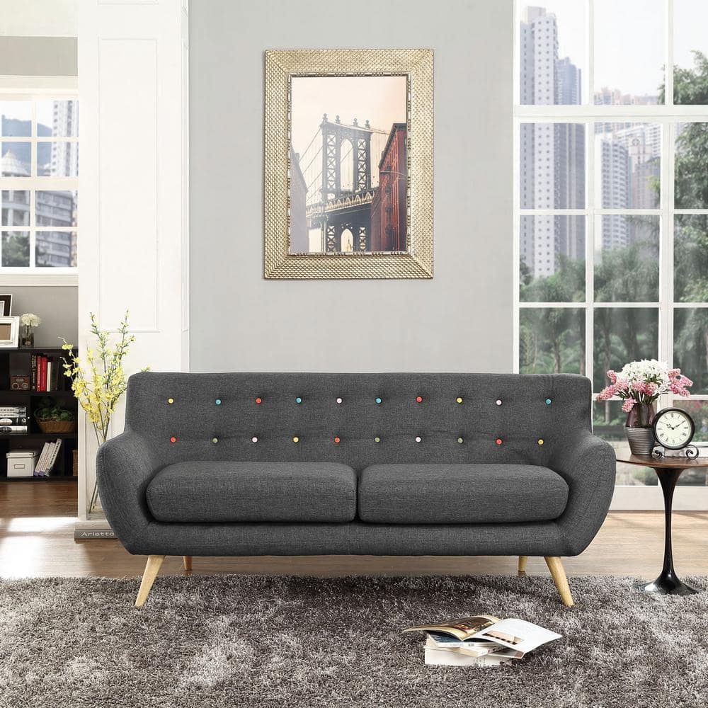 Elegance Gray Tufted Fabric Sofa with Solid Wood Track Arms, 74"