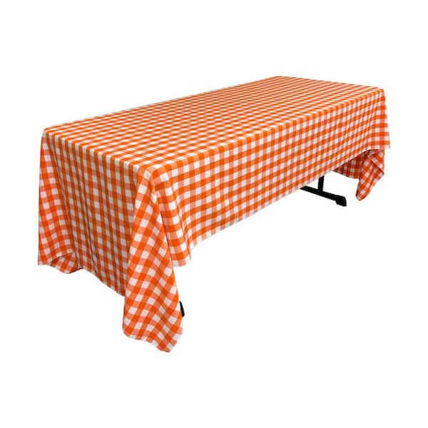 "60 in. x 144 in. White and Orange Polyester Gingham Checkered Rectangular Tablecloth"