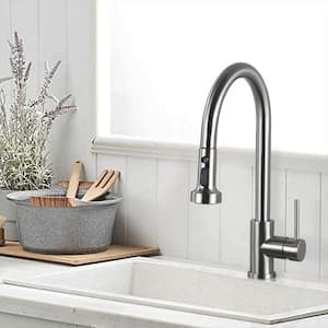 ABA Single Handle Deck Mount Gooseneck Pull Down Sprayer Kitchen Faucet with Deckplate in Brushed nickel