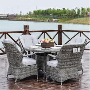 Gray 5-Piece Wicker Outdoor Dining Set with Gray Cushions