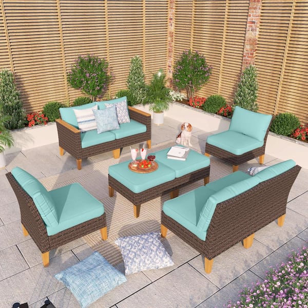 PHI VILLA Brown Rattan Wicker 8-Seat 8-Piece Steel Patio Outdoor Sectional Set with Blue Cushions