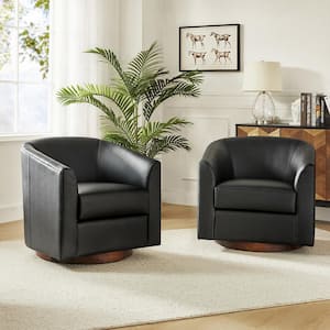 Meroy 30.5 in. Wide Black Modern Swivel Barrel Faux Leather Chair with Solid Wood Base Set of 2