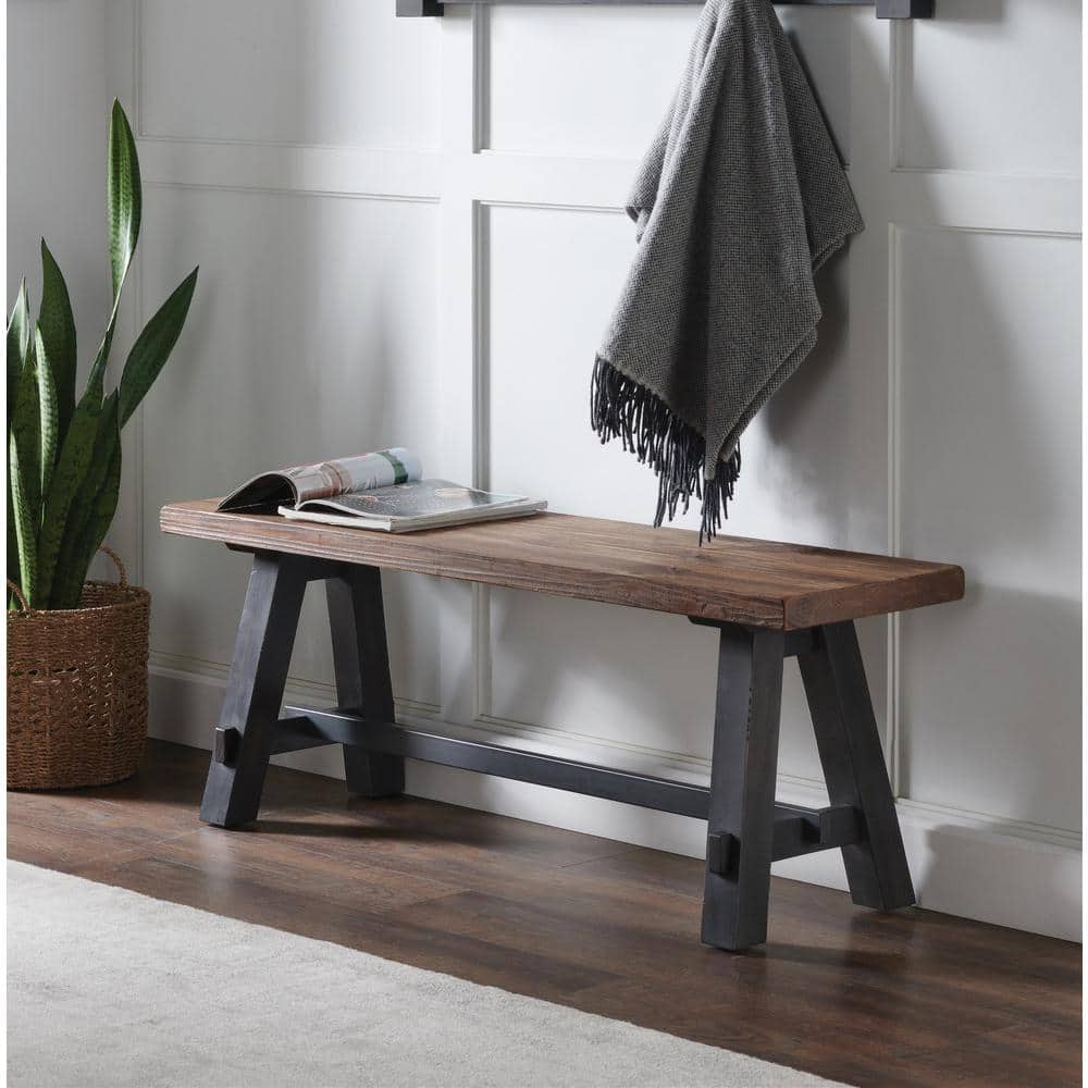 Adam 52" Black and Natural Solid Wood Storage Bench