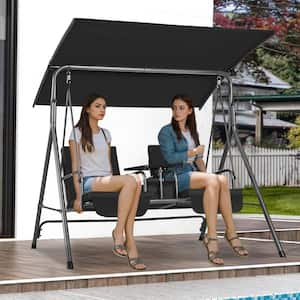 2-Seat Patio Swing Chair, Outdoor with Adjustable Canopy, Storage Bag and Rotating Tray, Oxford Fabric, Steel, Black