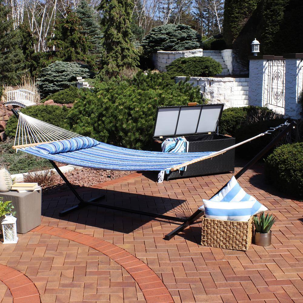 Catalina Beach Blue Quilted Polyester Hammock with 12ft Black Steel Stand
