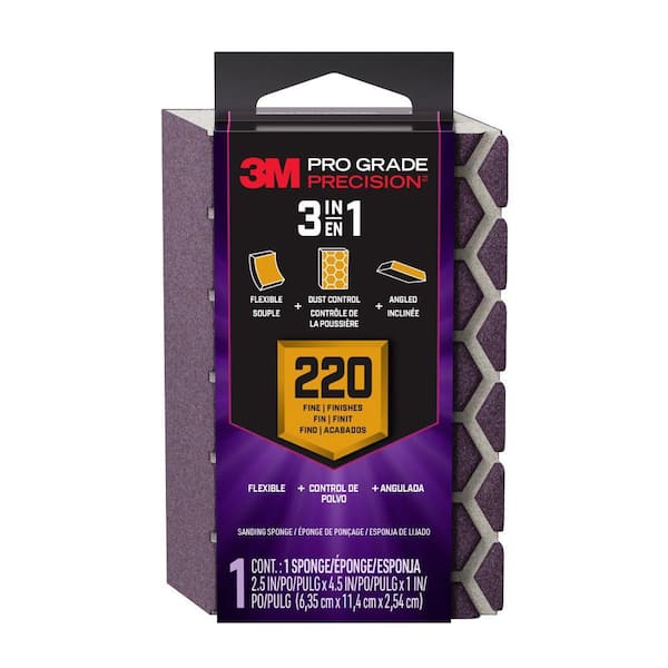 3M Pro Grade Precision 2.5 in. x 4.5 in. x 1 in. Fine 220 Grit 3-in-1 Sanding Sponge (1-Pack)