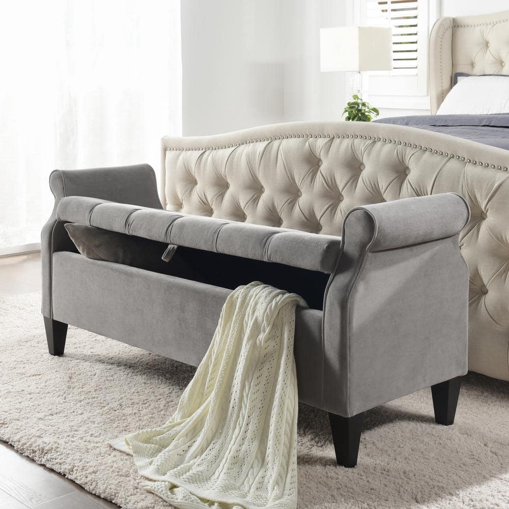 Jacqueline Opal Grey Velvet Tufted Roll Arm Storage Bench