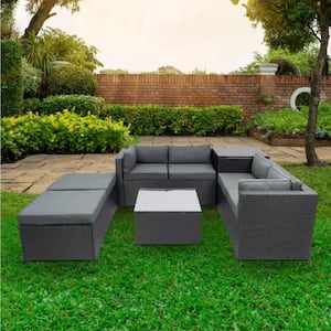 6-Piece Rattan Wicker Outdoor Sectional Sofa Set with Gray Cushions