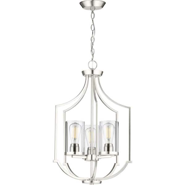 Progress Lighting Lassiter 3-Light Brushed Nickel Traditional Clear Glass Cylinder Medium Hanging Pendant Light
