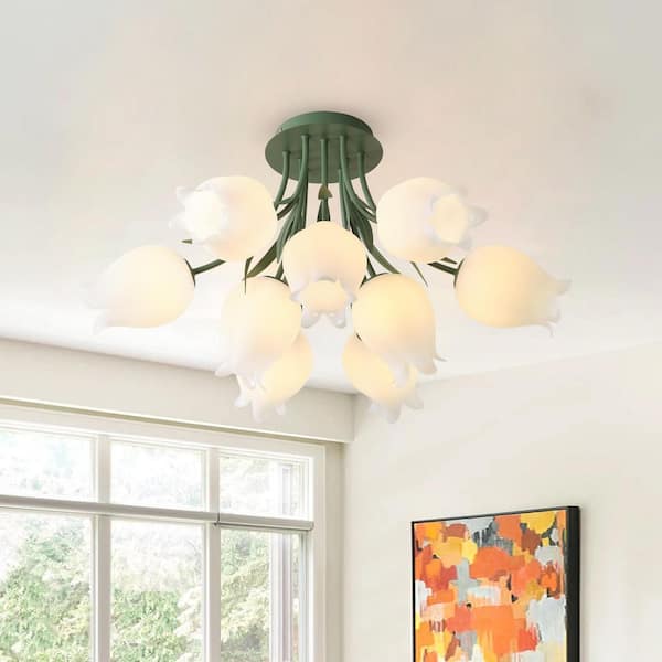 Green Tulip Modern 30.71 in. 9-Light Floral Semi-Flush Mount Nordic Milk White Flower Ceiling Light Fixtures