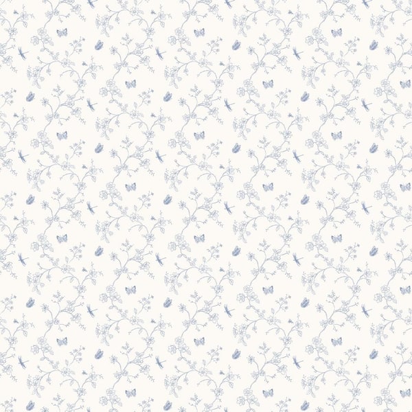 Unbranded Miniatures 2-Blue Tiny Trellis Flowers Butterflies/Dragonflies Matte Finish Non-Pasted Vinyl Non-Woven Wallpaper Sample