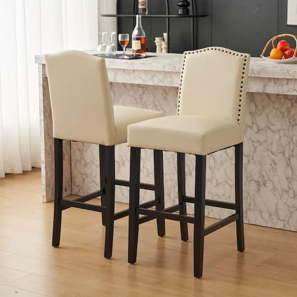 CHRISTOPHER KNIGHT HOME Destiny Beige Modern Faux Leather Upholstered Bar Stools with Backrest, Solid Wood Legs (Set of 2)