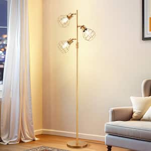 65 in. Gold 3-Light Smart Dimmable Swing Arm Floor Lamp for Living Room with Elegant Cages