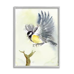 "Yellow Belly Bird Spread Wings Over Tree Branch" by Verbrugge Watercolor Framed Animal Wall Art Print 11 in. x 14 in.