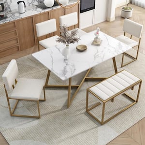 6-Piece Rectangle Golden and White Faux Marble Top Dining Set with 4 Linen Upholstered Chairs, Beige Bench, Iron Frame